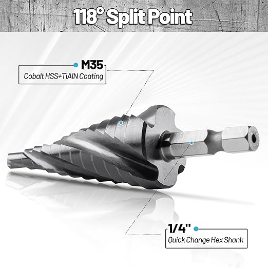 Cobalt M35 Step Drill Bit 1/8" to 1/2", TiAlN Coating 4 Spiral Flute Step Bit for Stainless Steel, Metal, Aluminum, Plastic