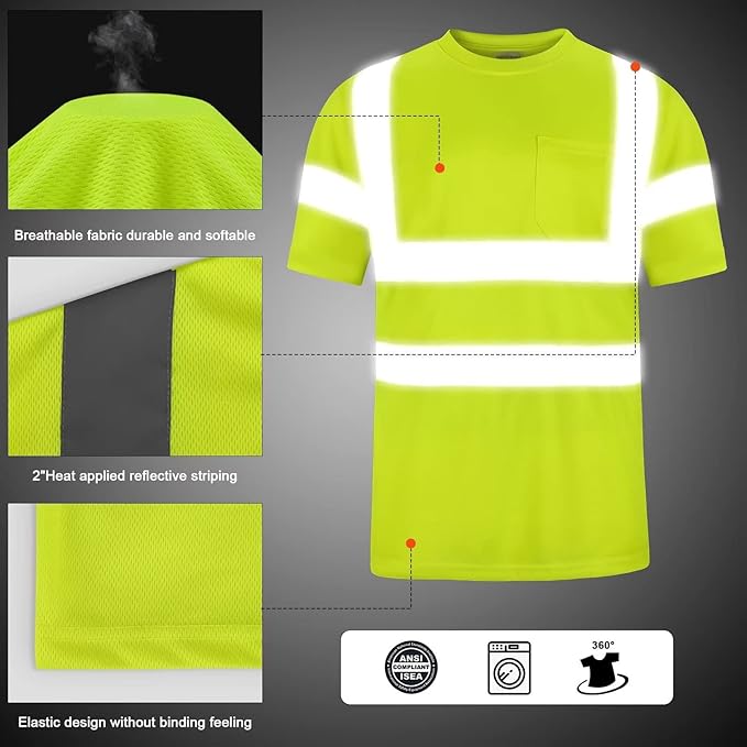 High Visibility Class 3 T Shirts，Hi Vis Safety Shirts with Reflective Strips and Pocket, Short Sleeve Quick Dry Mesh Construction Work Shirt for Men/Women Lime,3XL