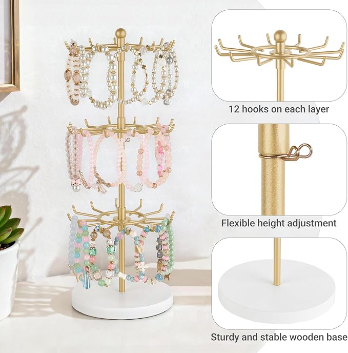Mkono Bracelet Holder Gold Metal Rotating Bracelet Display Stand 3 Tier Jewelry - Image 5