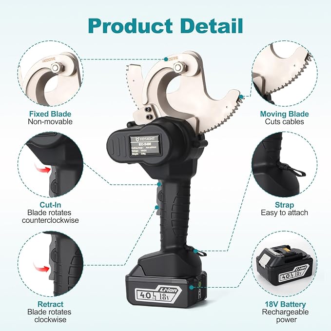 54mm Heavy Duty Cable Cutters Kit, 18VDC Cordless Rechargeable Electrical ACSR Cutting Tool for Copper and Aluminum, 2 4Ah Batteries & 1 Battery Charger Included