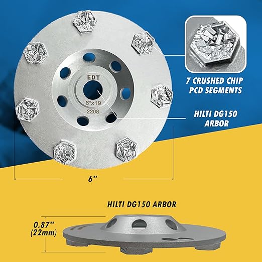 6" PCD Grinding Wheel for Epoxy, Glue, Mastic and Paint, 7 Crushed Chip PCD Segments, Hilti DG150 Arbor