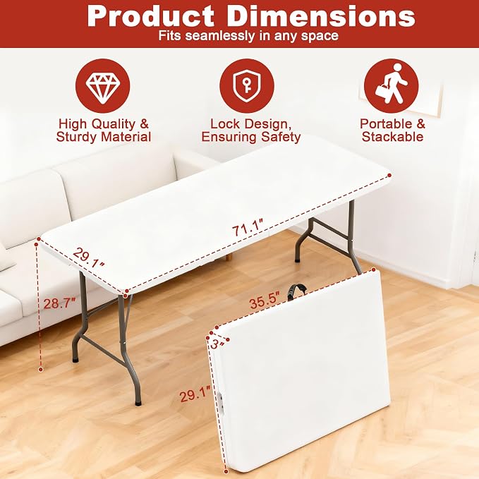 Elevon Folding Table, 6 Feet Heavy Duty Fold-in-Half Utility Table Indoor - Image 2