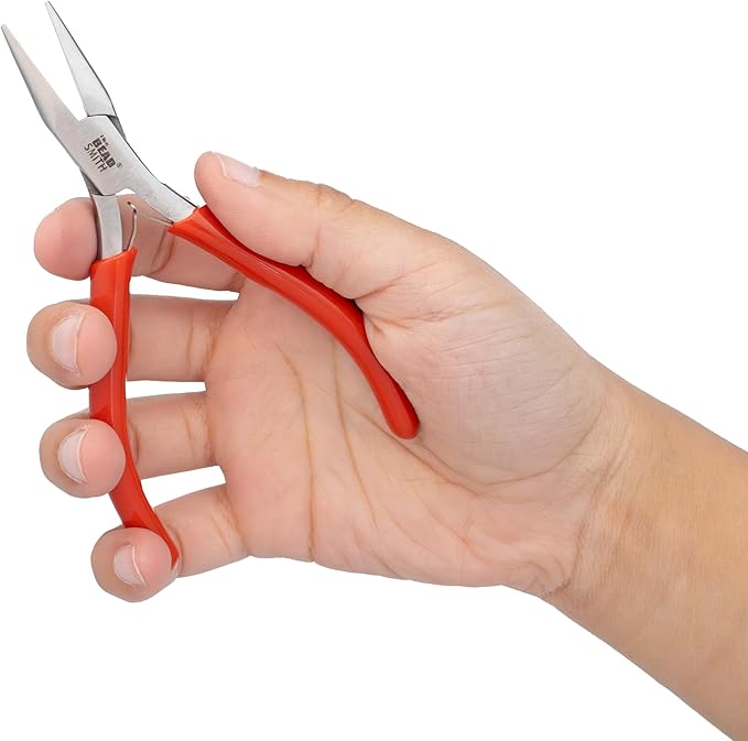 The Beadsmith Slim Line Chain Nose Pliers, 4.75 inches (120mm) with Polished Steel Head, red PVC Comfort Grip Handle with Double-Leaf Spring, Tool for Jewelry Making
