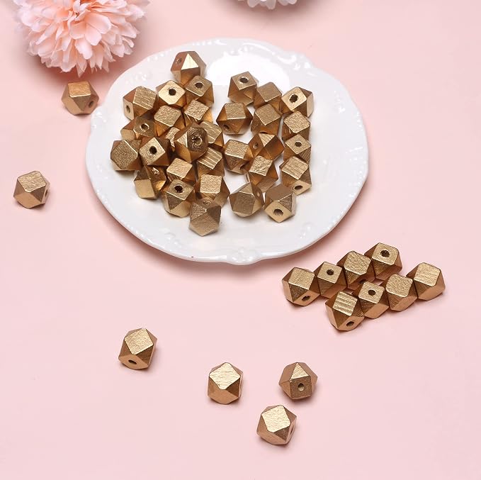 50pcs 16mm Gold Geometric Wooden Beads, Wood Smooth Loose Spacer Beads - Image 4