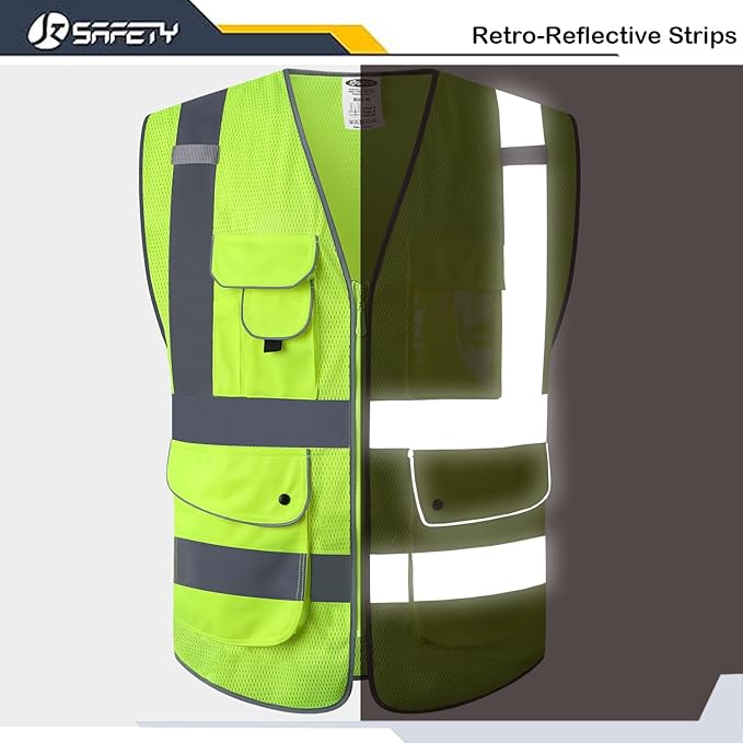 JKSafety 9 Pockets High Visibility Safety Vest for Men and Women, Hi-Vis Reflective Yellow Safety Vests with Zipper Front, Meet ANSI/ISEA Class 2 Type R(159-Yellow XL)