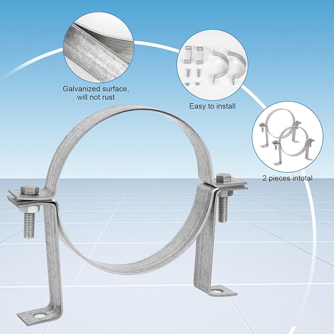 6 Inch Vent Wall Bracket, 2 Pcs Round Galvanized Iron Gas Vent Pipe Strap Rigid Split Ring Hanger