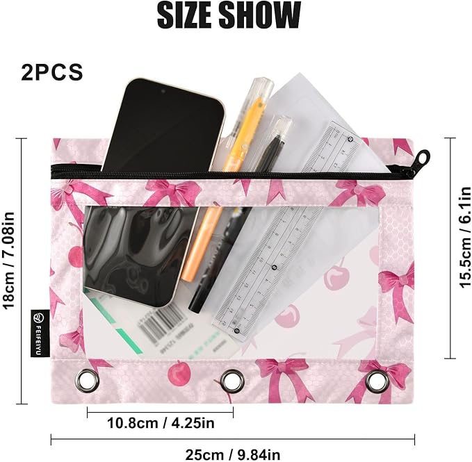 Pink Bows Cherry Pencil Pouch for 3 Ring Binder, 2 Pack Waterproof Pencil Bags - Image 3
