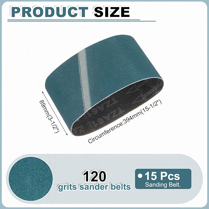 HARFINGTON 3-1/2 x 15-1/2 Inch Sanding Belts, 15 Pcs 120 Grit Zirconia Abrasive Belt Sander File Belt for Woodworking, Metal Polishing, Knife Sharpener