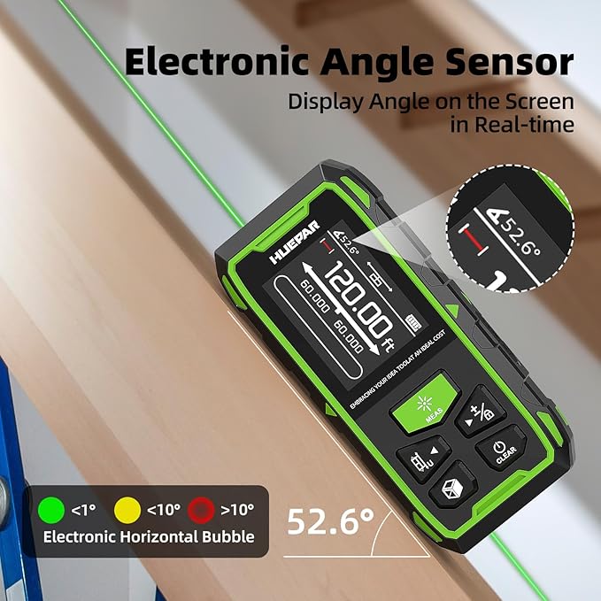 Huepar Dual Laser Measuring Tool, 656Ft Green-Beam Bilateral Digital Laser Distance Measure 6 Units Ft/in/M, Rechargeable Laser Measurement Tool -Backlit LCD Display, Length/Area/Volume/Angle Sensor