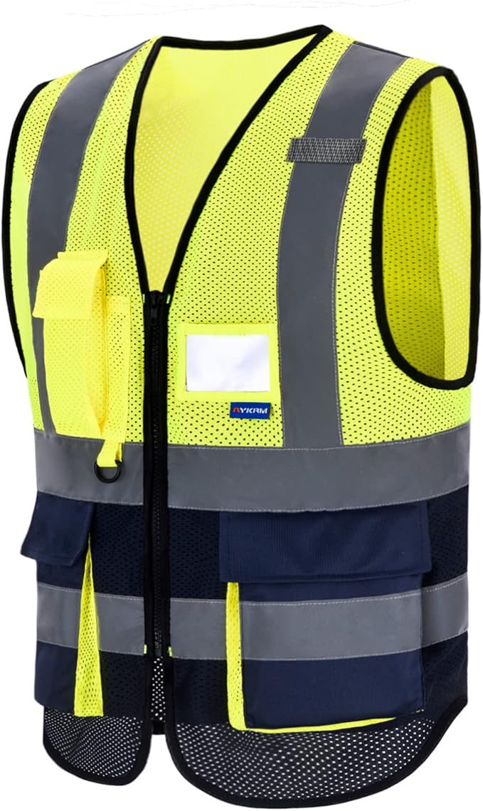 A-SAFETY High Visibility Mesh Safety Reflective Vest with Pockets and Zipper,Hi Vis Viz Reflective Safety Vest(Yellow&Navy Mesh XXXL)