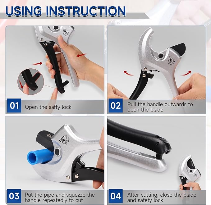 iCrimp PVC Pipe Cutter Cuts up to 1-5/8", Heavy-Duty Aluminum Ratchet Pipe Cutter Tool, Easy One-hand Operation Tube Cutter, PEX Cutting Tool for PEX, PVC, Platic Hose and Plumbing Pipe