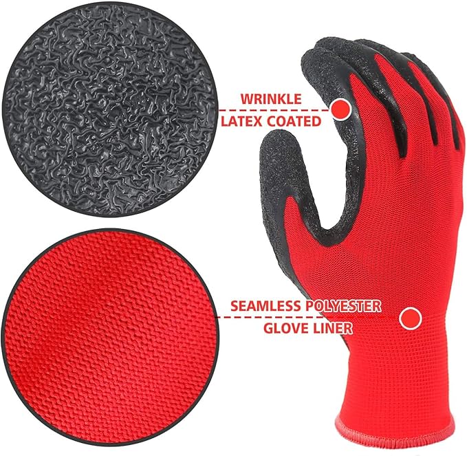Evridwear Crinkle Latex Rubber Hand Coated Safety Work Gloves for Men Women General Multi Use Construction Warehouse Gardening Assembly Landscaping (XS-Size) 12 Pairs Pack