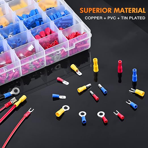 Nilight 1500pcs Mixed Quick Disconnect Crimp Connector Butt Splice Ring Fork Spade Bullet Piggy Back Assortment Kit 22-10 AWG Insulated Wire Terminal for Automotive Wiring