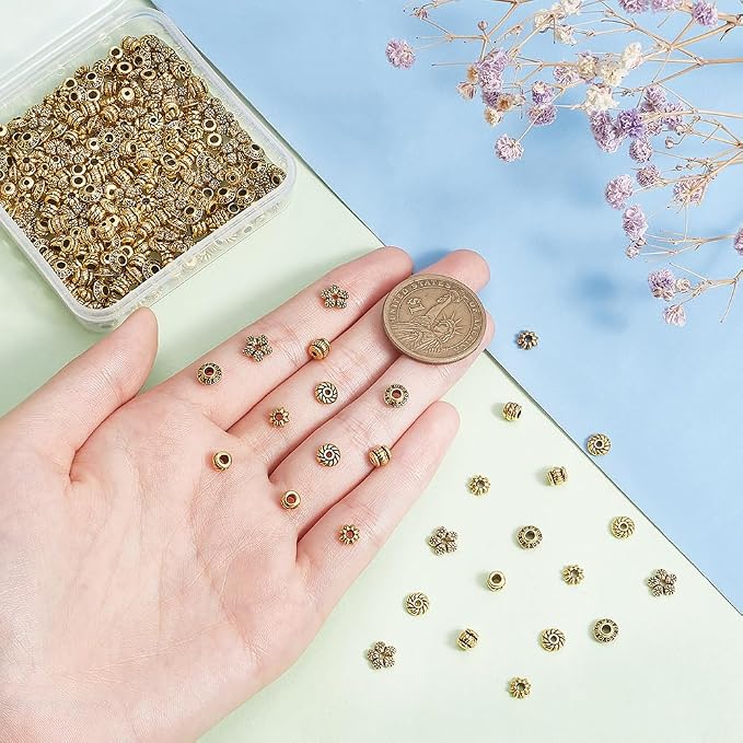 PH PandaHall 300pcs Tibetan Spacer Beads, 6 Style Antique Golden Spacers Alloy - Image 5