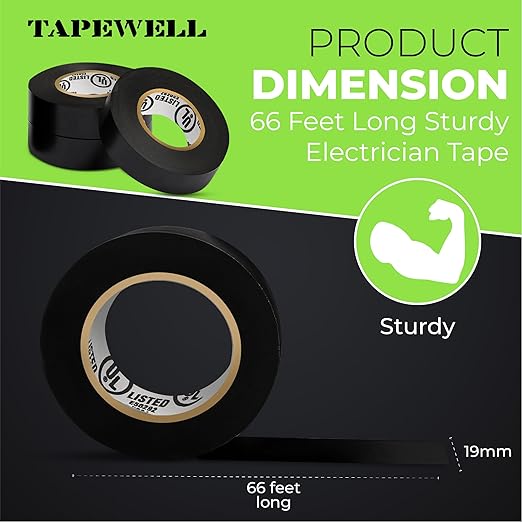 Black Electrical Tape - Professional Grade - 3/4 inch x 66ft - PVC Vinyl Electrical Insulating Tape for All Weather - U/L Approved - Waterproof - Pack of 3