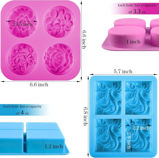 Sakolla 2 Pack Silicone Soap Molds, 4 Cavities Rectangle Wave and Round Flower - Image 2