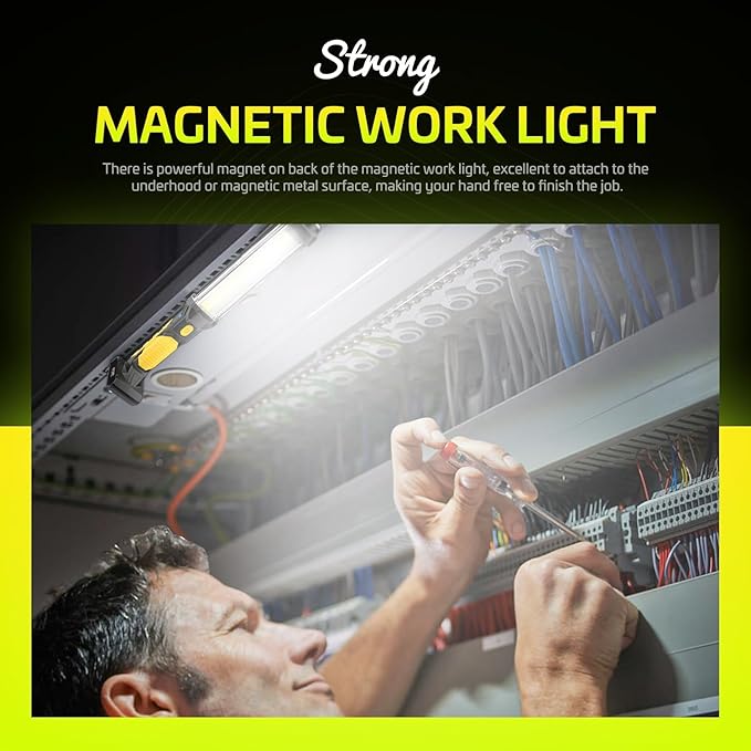 WARSUN Rechargeable 1500LM COB LED Work Light - Magnetic Hands-Free Trouble Light with Hook, IPX4 Waterproof for Garage Repair, Emergency | Tool Gifts for Men (Yellow)