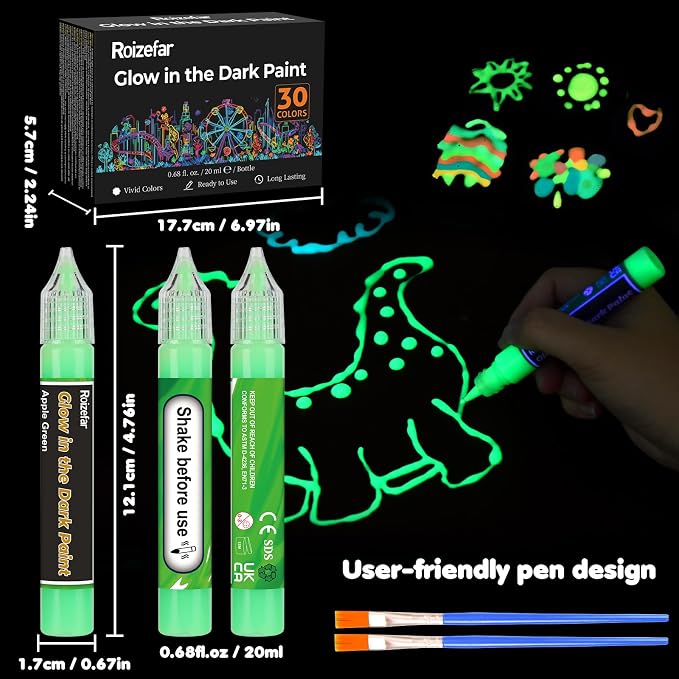 Roizefar Glow in the Dark Paint, 30 Colors 3D Permanent Acrylic Fabric Paints - Image 3