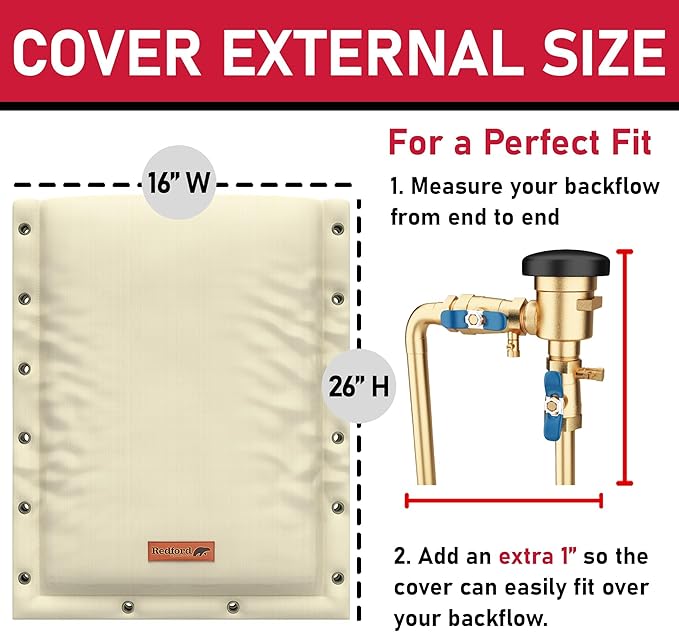 Redford Supply Co. Cold Snap (5°F) Backflow Preventer Insulation Cover, 3-Way Custom, 16"W x 26"H, Pipe Insulation, Water Sprinkler Covers for Outside, Sprinkler Backflow Cover for Winter (Beige)