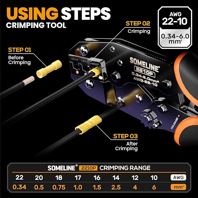SOMELINE Crimping Tool for Insulated Electrical Wire Connectors, with 22-10 AWG Insulated Butt Connectors and Ratchet Crimping Pliers – for Automotive & Electrical Repairs