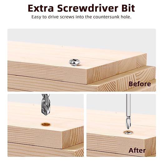 7-Piece Countersink Drill Bit Set with Aluminum Alloy Stop Collar, a Screwdriver Bit, 5 HSS M2 Tapered Bits and a Wrench, 1/4" Hex Shank Countersink Drill Bit for Woodworking