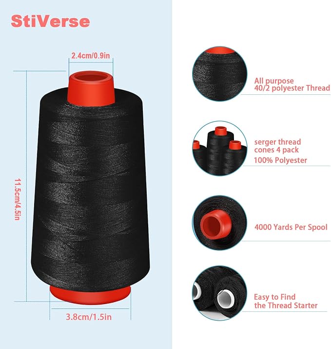 Black Sewing Thread, Serger Thread Cones 4 Pack, 40S/2-24000 Yards Black All - Image 2