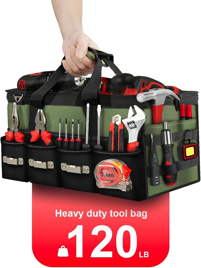 18 Inch Heavy Duty Tool Bag-48 Pockets,1680D Tear&Abrasion Resistant,Includes Tool Pouch,Tool Belt,Magnetic Wristband&Adjustable Shoulder Strap | Tool Organizer(Green)