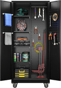 71" H Broom Storage Cabinet with Wheels and Doors,Rolling Tool Cabinet with Pegboard,Shelves and Rod for Garage Warehouse Home,Required Assembly,Black
