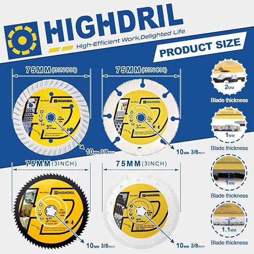 HIGHDRIL 3" 75mm Circular Saw Blade Set 4pcs - Diamond/HSS/Carbide Cutting Disc for Angle Grinder Cutting Concrete Metal Wood Plastic