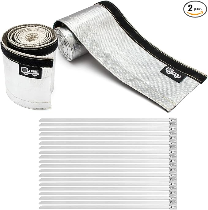 Heat Shroud Sleeve Aluminized 2 Pcs for Ultimate Heat Protection Hose Wire Shield 1-1/2''I.D. x 10FT, with 20 Pcs 7.8Inch Stainless Steel Cable Metal Zip Ties