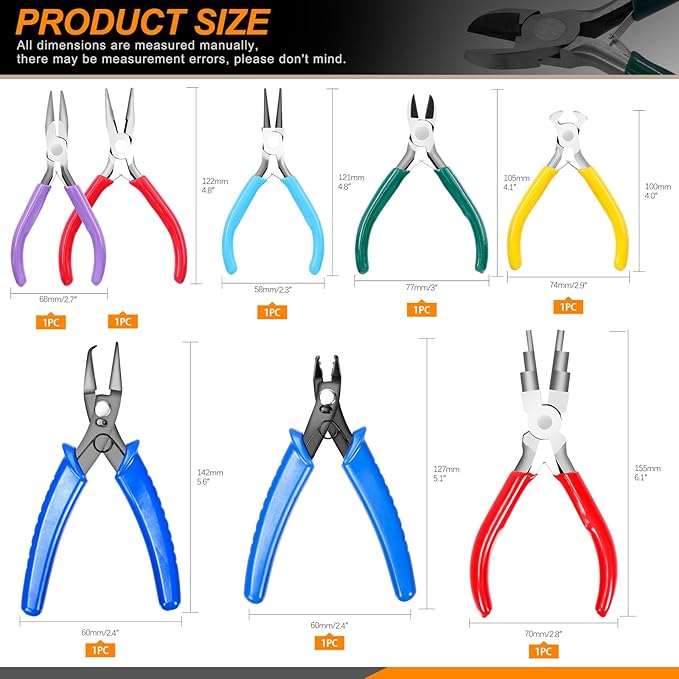 Jewelry Pliers Set - 9 Pcs, Long Nose, Round Nose, Diagonal Wire Cutter, End Cutting, Bail Making, Bead Crimping, Split Ring Plier