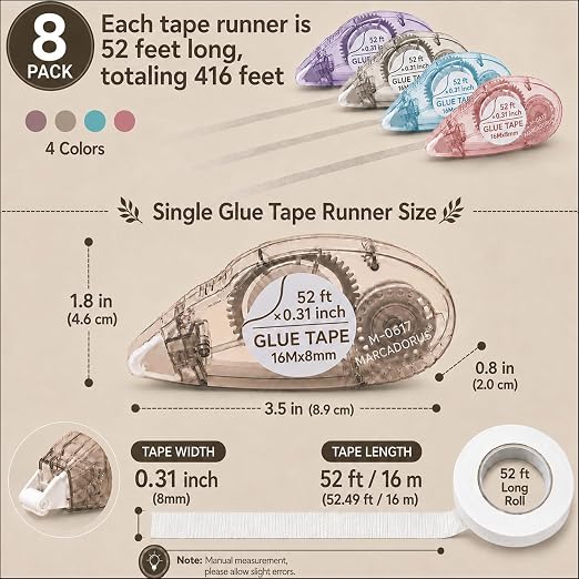 MARCADORUS Double Sided Tape Roller, 8 Pack, Extra-Long 52 Ft Each | 52 Ft x - Image 2