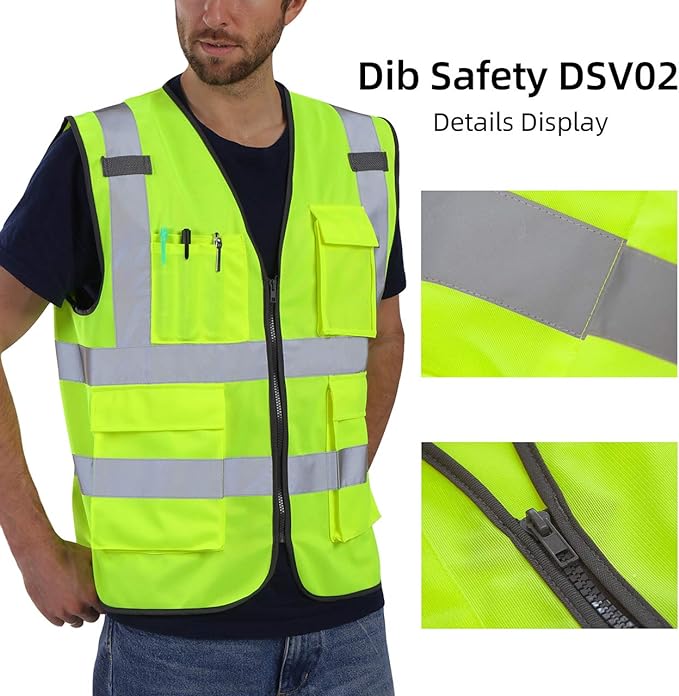 Dib Safety Vest Reflective ANSI Class 2, High Visibility Vest with Pockets and Zipper, Hi Vis Yellow 5 Pack M