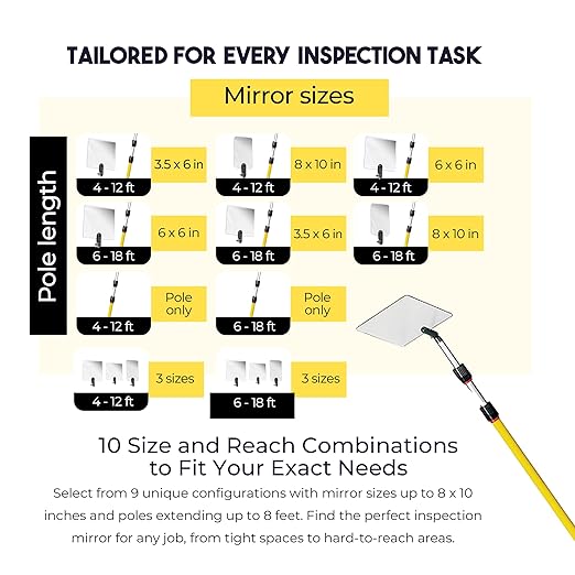 Inspection Mirror - Telescoping Heavy Duty, Lightweight & Durable, 6 ft - 18 ft Pole, 8 x 10 inch Acrylic Mirror
