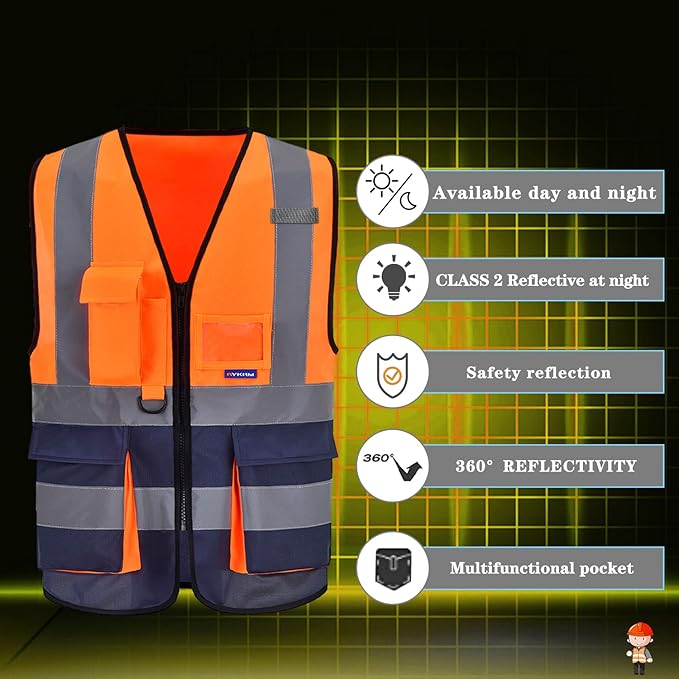 A-SAFETY High visibility vest,Reflective Safety Vest Workwear 7 Pockets Hi Vis Durable Vest with Reflective Tapes 4 Lower Pockets,Orange&Navy XXL