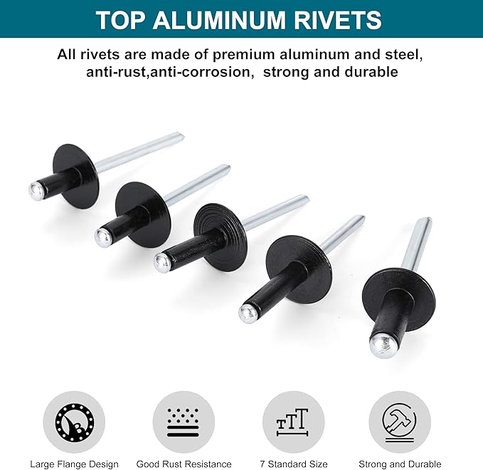200PCS Black Rivets Pop Rivets Assortment Kit, Large flange Aluminum Rivets(1/8" 3/16" 1/4") Assorted Blind Rivets with Case