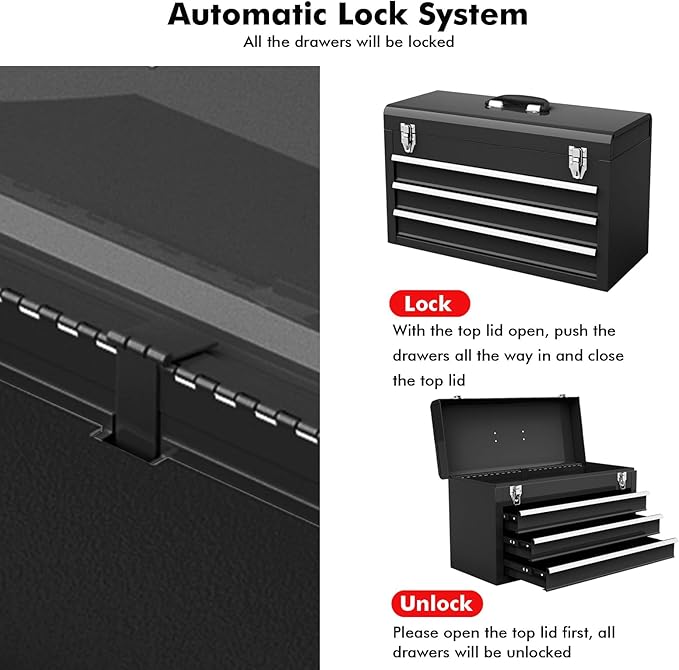 Goplus Tool Box with 3 Drawers, 4-Tier 20" Portable Tool Chest Organizer with Top Tool Tray, Auto Lock, Protective Liner, Handle, Steel Metal Small Toolbox for Gargae, Workshop, Home
