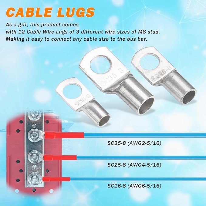 300A Heavy Duty Module Bus BAR, 12V 24V 48V DC Power Distribution Block with 4 x 5/16" (M8) Studs, Gift 12pcs Cable Lugs and 20pcs Heat Shrink Tubing - Marine Bus Bar (RED+)