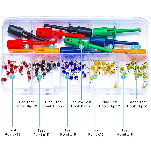 PCB Test Point & Test Hook Clip Assorted Kit, Black/Red/Green/Blue/Yellow Test Point Pin & Test Hooks Clips Spring Hook Clip PCB Board Breadboard Kit (PCB-Test-Kit)