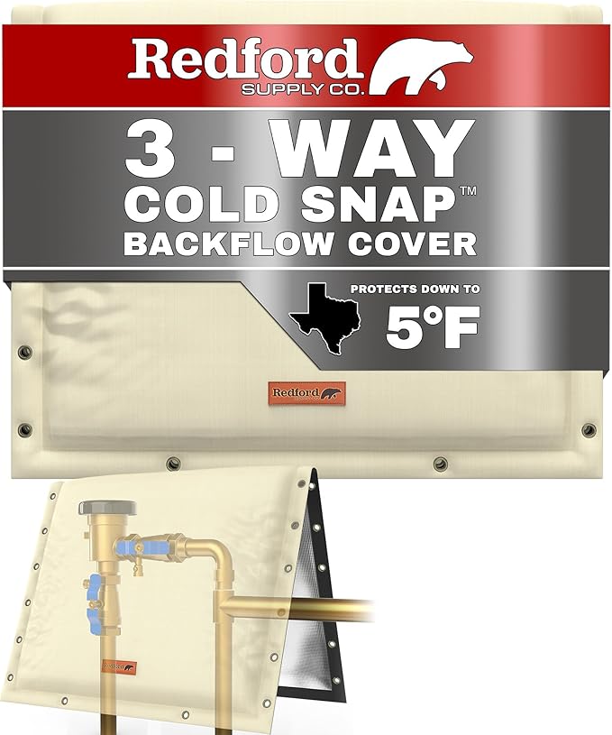 Redford Supply Co. Cold Snap (5°F) Backflow Preventer Insulation Cover, 3-Way Custom, 30"W x 24"H, Pipe Insulation, Water Sprinkler Covers for Outside, Sprinkler Backflow Cover for Winter (Beige)