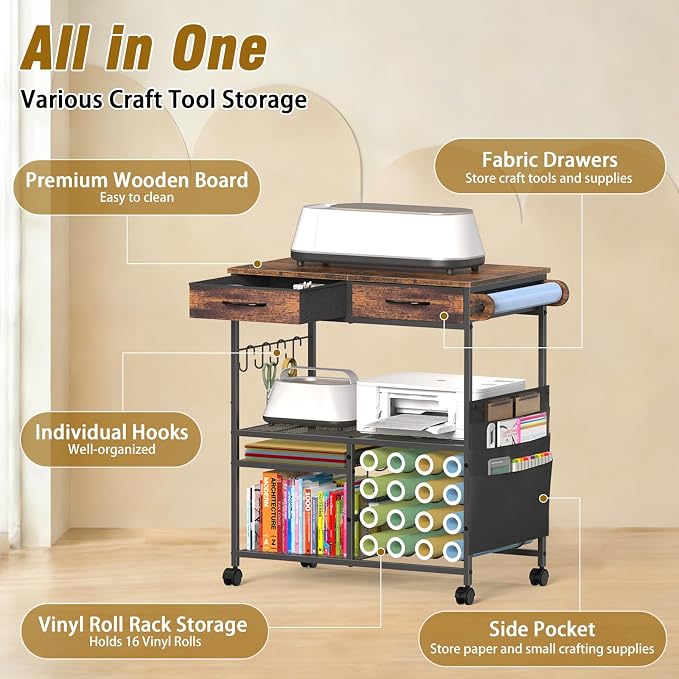 Rolling Craft Cart with 16 Vinyl Roll Holders, Craft Workstation Table with - Image 3