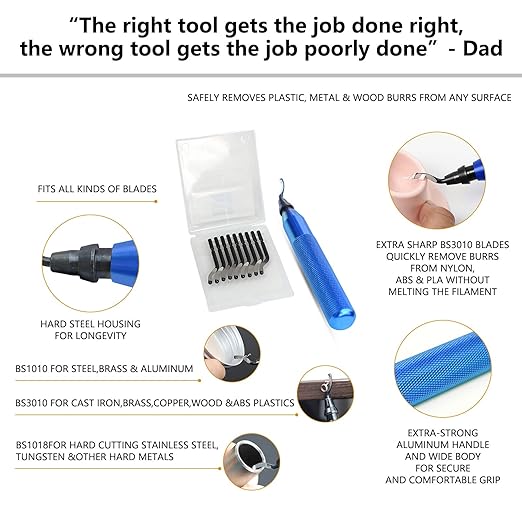 Deburring Tool with 10 High-Speed Steel Blades – 360° Swivel Head for Metal, Plastic, Resin, 3D Prints, Copper & PVC Pipes – Heavy-Duty Hand Deburr Tool with Extended Aluminum Handle – Blue