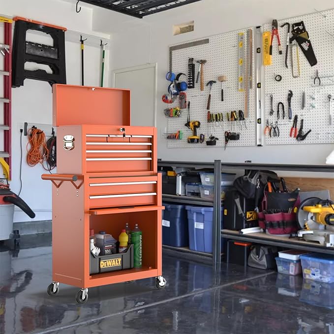 8 Drawer Tools Chest,42.9 inch Tool Cabinet with Universal Lockable Wheels，Organizable Tool Box with Detachable Top Box for Workshop，Orange