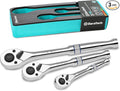 DURATECH 3-Piece Drive Ratchet, 1/4", 3/8", 1/2" 90-Tooth Quick-release Ratchet Wrench, Reversible, Chrome Alloy Made, Full Polished, Mens Stocking Stuffers Gifts for Men Gifts for Women Gifts for Dad