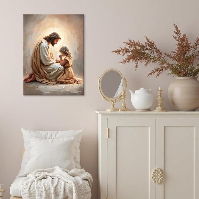 Jesus Praying with Girl Wall Art Canvas Print Jesus with Children Wall Decor - Image 3