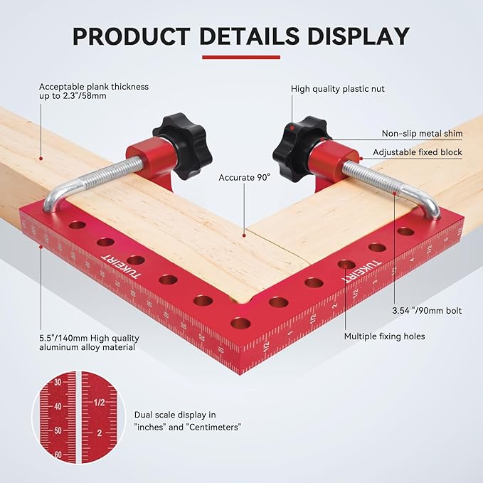 Corner Clamp for Woodworking, 90 Degree Clamp, Right Angle Clamp Woodworking Tools, Aluminum Alloy Positioning Clamping Squares， for Wooden frames (Red)