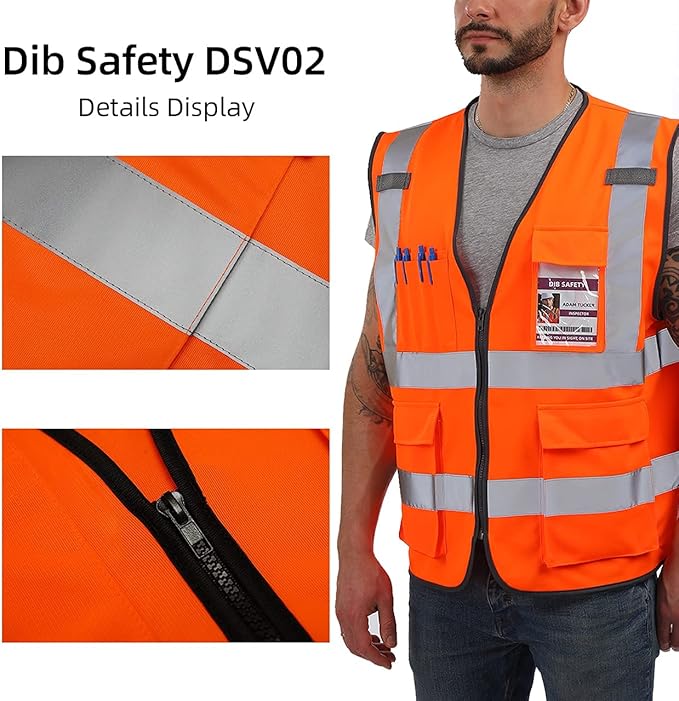 Dib Safety Vest Reflective ANSI Class 2, High Visibility Vest with Pockets and Zipper, Construction Work Vest Hi Vis Orange XL