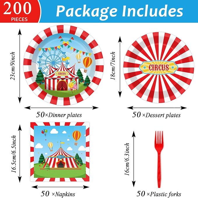 200pcs Circus Party Plates Napkins Forks Carnival Themed Party Tableware Set - Image 2