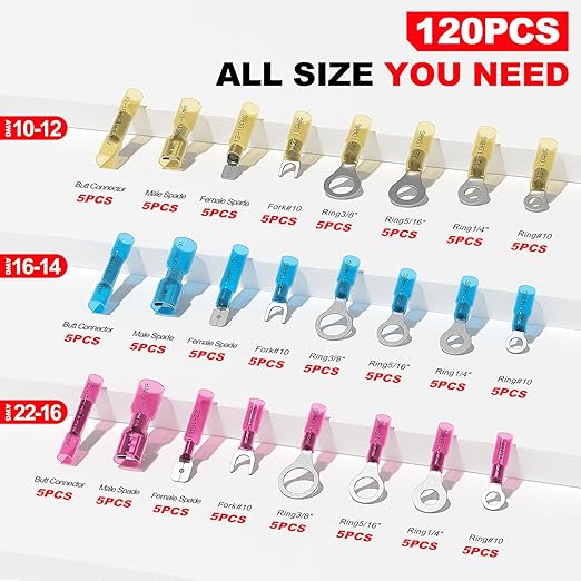 AIRIC Heat Shrink Wire Connectors Kit, 22-10 AWG Waterproof Crimp Terminals, Marine Electrical Connector, Insulated Cable Ends, Wiring Terminal End for 22-10 Gauge, Ring Fork Spade Butt Splice 120 PCS