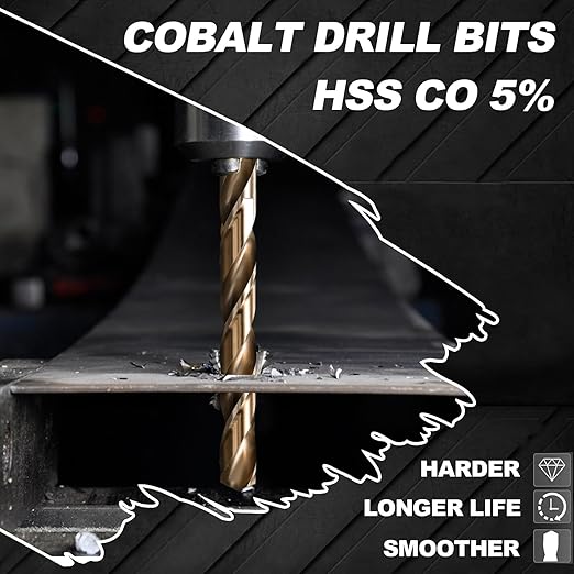 Hex Shank Cobalt Drill Bit Set 16Pcs 1/16"-3/8", M35 HSS Twist Impact Drill Bits for Metal and Hardened Steel, with Indexed Storage Case